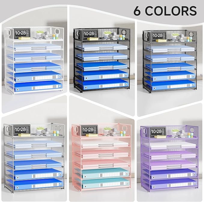 6 Tier Paper Organizer for Desk File Organizer with Handle Mesh Paper Letter Tray Organization for Desktop Document Holder for Office, Home & School-White