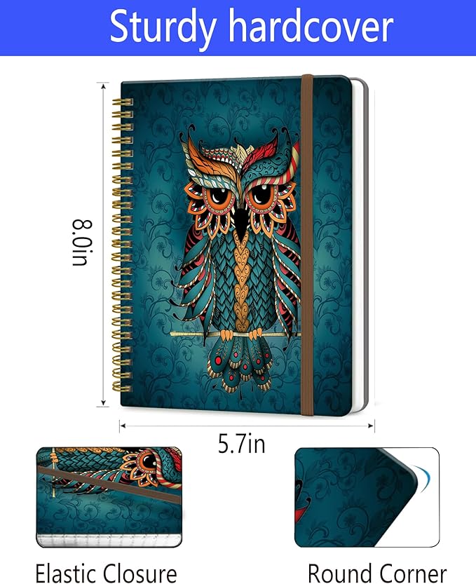 Spiral Journal Notebook, A5 Cute Notebooks for Women Men, College Ruled Hardcover Notebook for Work & Note Taking, 60 Pages Double-Wire Journals for Writing, Cool Boho Owl