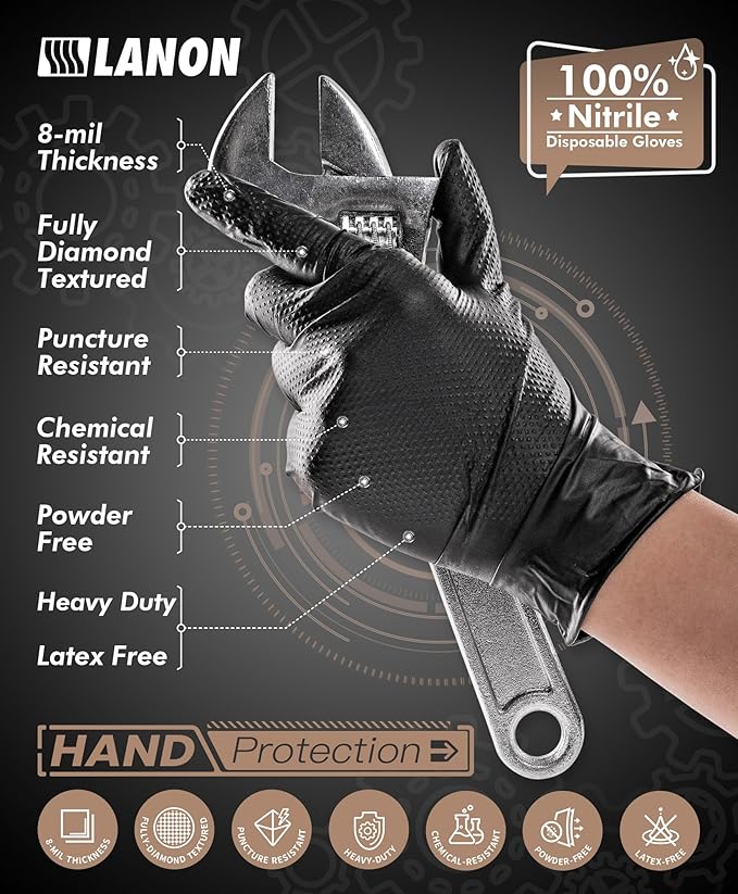 LANON Protection Heavy Duty Black Nitrile Gloves, Food Safe, Latex Free, Powder Free, Mechanic, Fully-Diamond Textured Grip Industrial Disposable Gloves, 8mil, Small