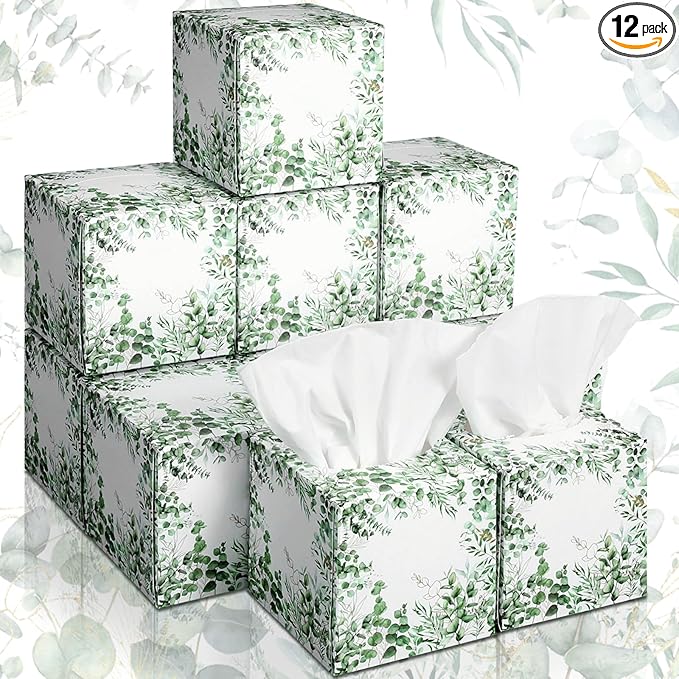 12 Pack Fall Eucalyptus Facial Tissues Cube Boxes 600 Sheets 3 Ply Small Square Green Eucalyptus Face Tissues Bulk for Autumn Spring Car Bedroom Supplies