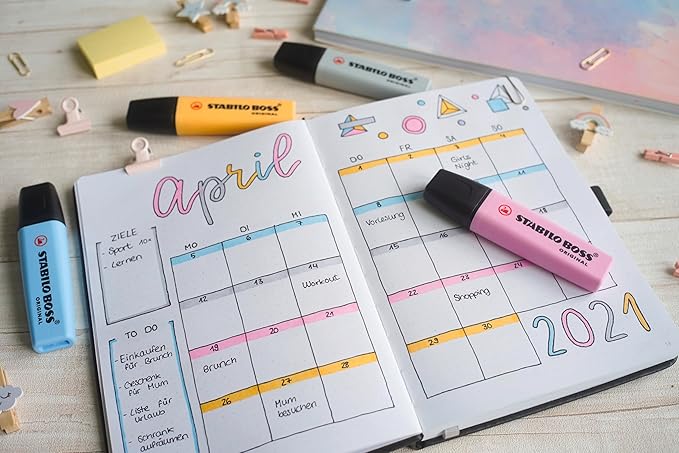 STABILO Highlighter BOSS ORIGINAL Pastel - Pack of 4 - Mellow Coral Red, Cherry Blossom Pink, Cloudy Blue, Dash of Lime