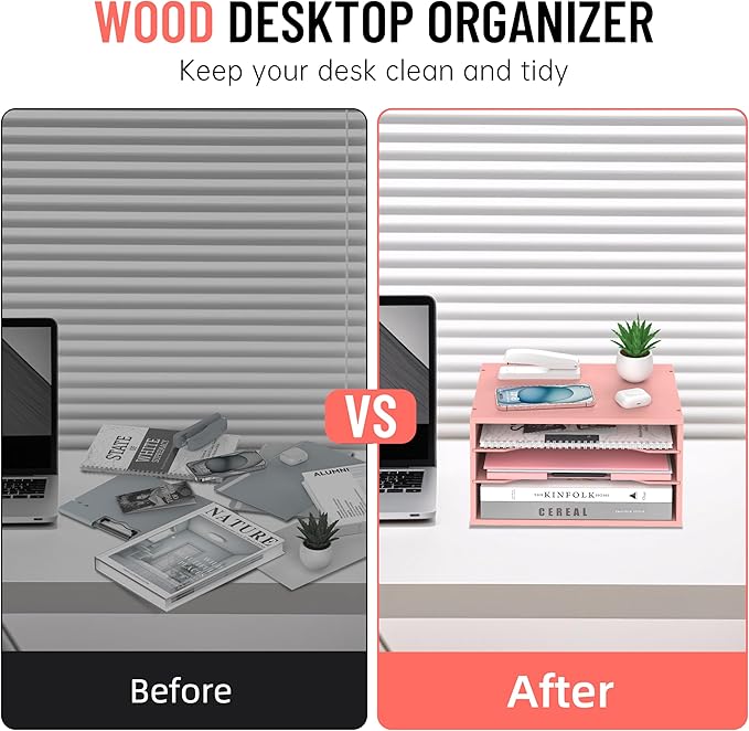 Wood Desk Organizer, 3 Tier Paper Tray Organizer for Desk with Adjustable Storage Shelves, Desktop Paper Sorter Mail Holder for Office Home Classroom, Pink