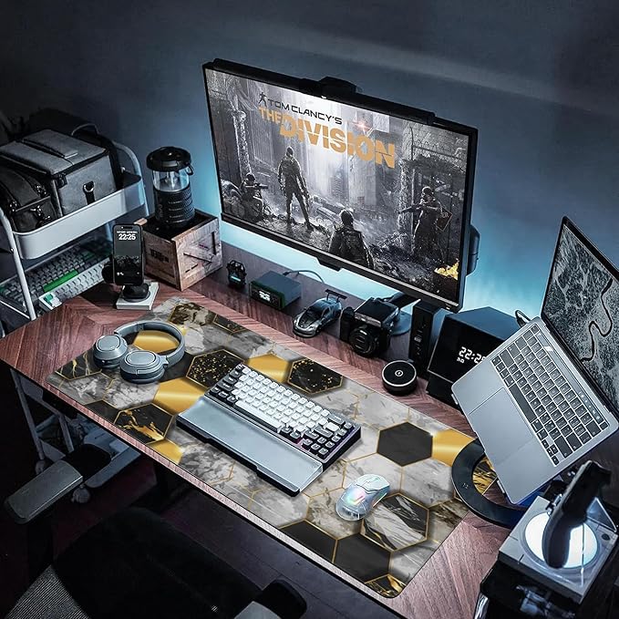 Desk Pad, Black Golden Honeycomb Marble Hexagon Extended Large Gaming Mouse Pad for Desk XXL, Large Desk Mat for Desktop with Non-Slip Rubber Base Stitched Edges for Home Office Desk 35.4"X15.7"