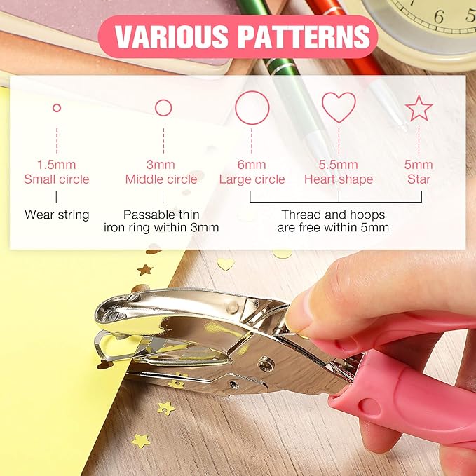 Honoson 5 Pieces Handheld Hole Paper Punch Metal Single Heart and Star Shapes Small Hole Punch Puncher with Soft Grip for DIY Craft Tags Clothing Ticket Scrapbook Tool, 3 Shapes