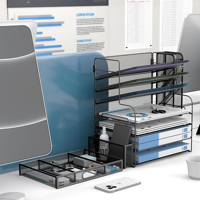 7 Tier Desk File Organizer Office Storage Desk Accessories, Desktop Organizer for Office Supplies with Drawer and 2 Pen Holders (Black)