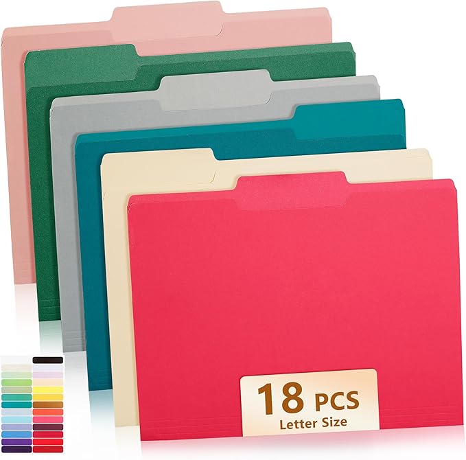 Color File Folders, 1/3-Cut Tabs, Letter Size, Assorted Colors Organizer File Folders for School Home Office Business (18, Assorted Colors)