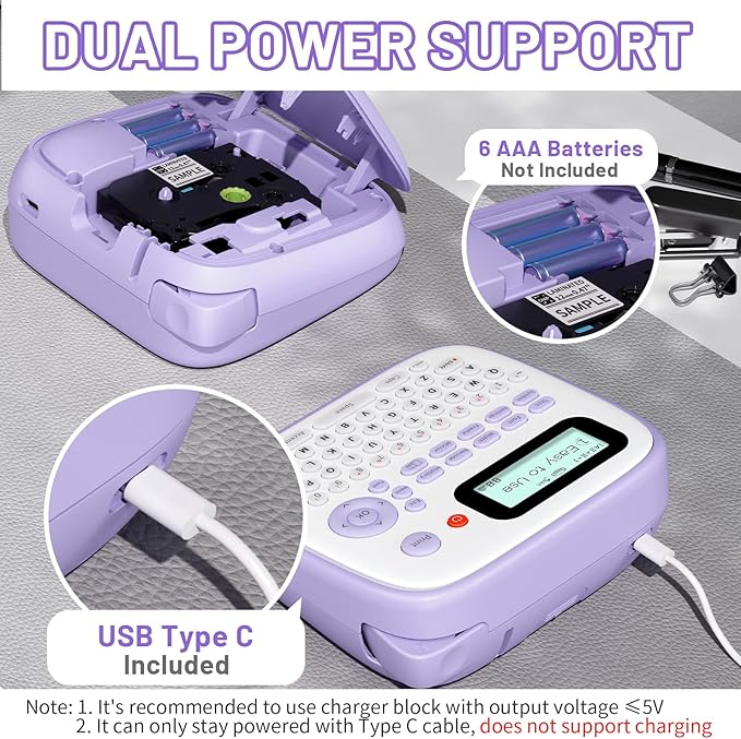 Label Maker Machine with-Tape Waterproof, Purple Desktop Label Maker for Teachers Kids Classroom, Portable Labeler with Multiple Symbols &Fonts for Home Office School Use, D210S