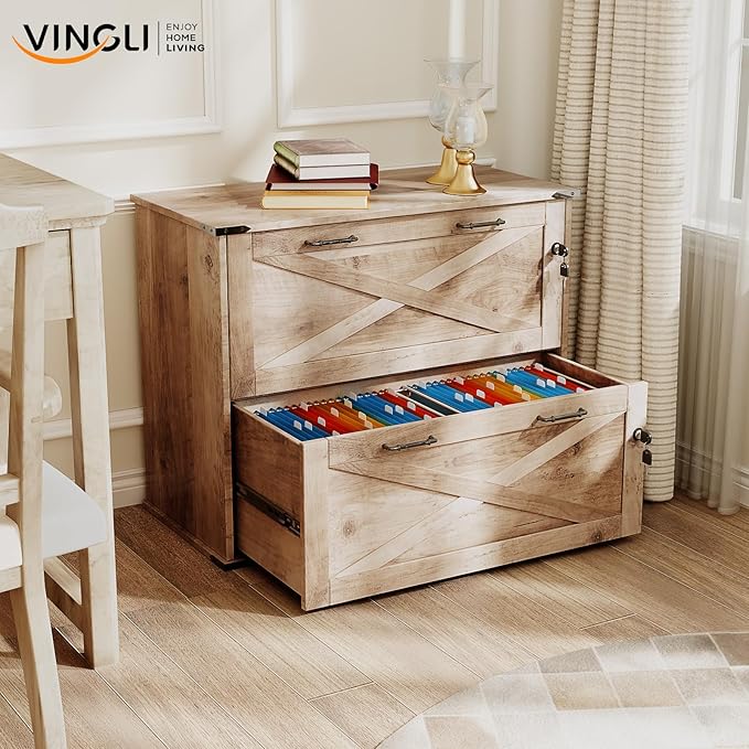 VINGLI 2 Drawer File Cabinet with Lock, Home Office Filing Organizer, for Letter Legal A4 Size File Folder Storage, Modern Farmhouse, Wood Lateral Filing Cabinet, Archivador (Rustic Gray)