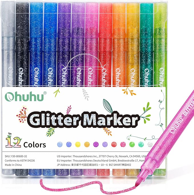 Ohuhu Glitter Markers Pen: 12 Glitter Colors Metallic Shimmer Marker Fine Tip Water-based Ink for Kids Adults DIY Crafts Greeting Birthday Cards Making Mugs Wood