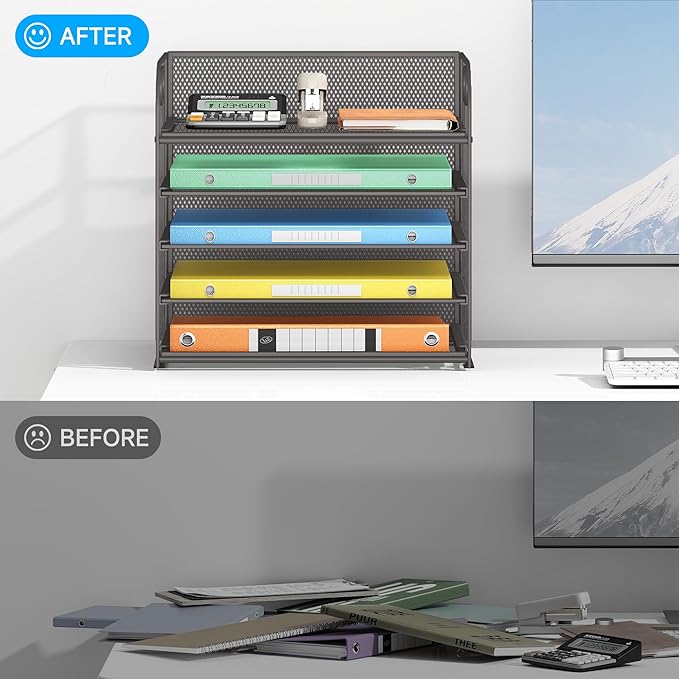 Lavatino 5 Tray Desk File Organizer, Mesh Paper Sorter Letter Tray Organizer with Handle, Desktop File Organizer and Storage for Letter/A4 Office File Folder- Grey