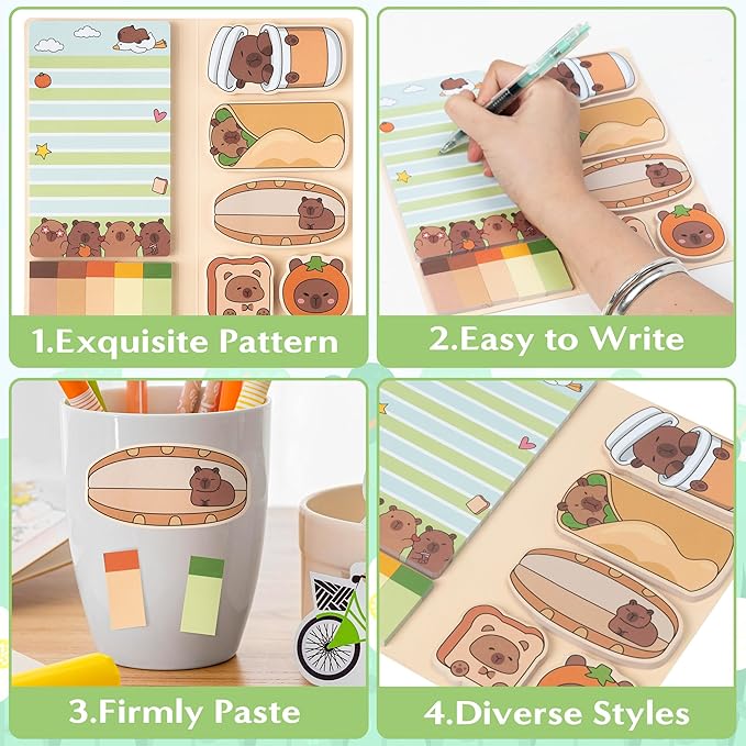 B1ykin Sticky Notes Set, Cartoon Theme Cute Self-Stick Notes Pad Teacher Appreciation Gifts， Self-Adhesive Writing Memo Pages Sticky to Do Notepad Thank You Gift for School (Funny Capybara)