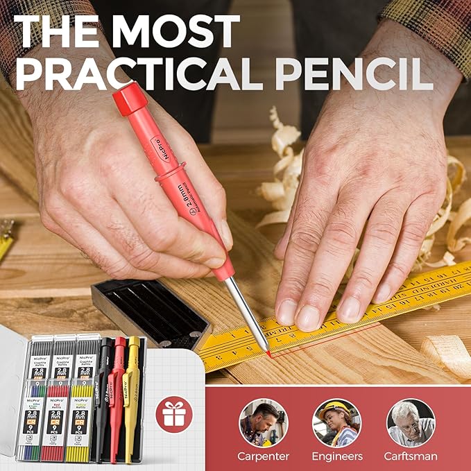 Nicpro 3 Pack CP3000 Carpenter Pencils with Sharpener, Carpenter Mechanical Pencil Set with 57 Refills, Heavy Duty Woodworking Tools Construction Pencil for Architect Marking (Red, Black, Yellow)