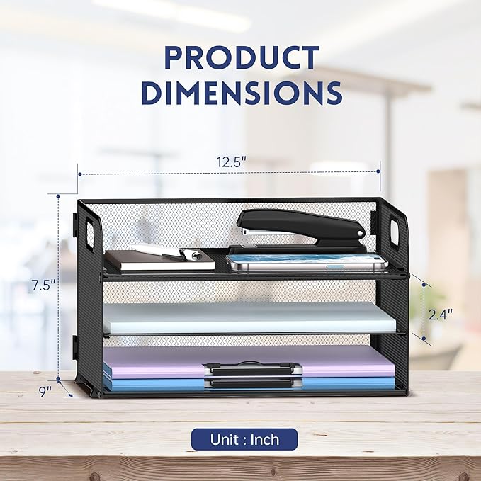 Supeasy 3 Tier Paper Organizer with Handle, Mesh Desk Organizer Letter Tray, Paper Tray File Organizer for A4 File Folder, Black