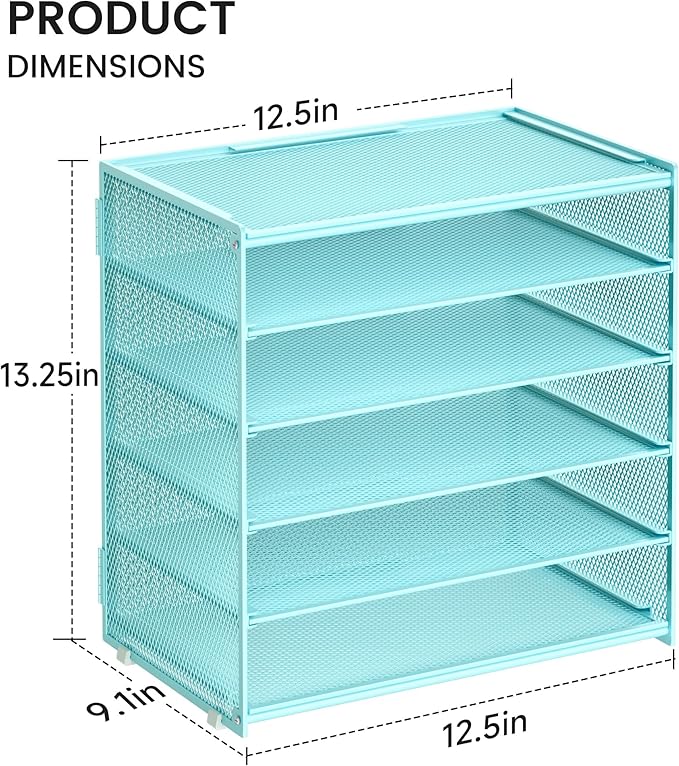 6 Tier Paper Organizer, Metal Mesh Desk File Folder, Letter Tray Organizer, Paper Sorter Desk Organizers for Office, Home or School File Folder Holder - Blue