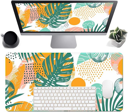 Tropical Leaves Large Mousepad 31.5 x 15.7 inch, XXL Waterproof Desk Mat Gaming Mouse Pad, Aesthetic Flowers Desktop Mat, Laptop Pad, Computer Writing Mat for Home Office Desk Decor