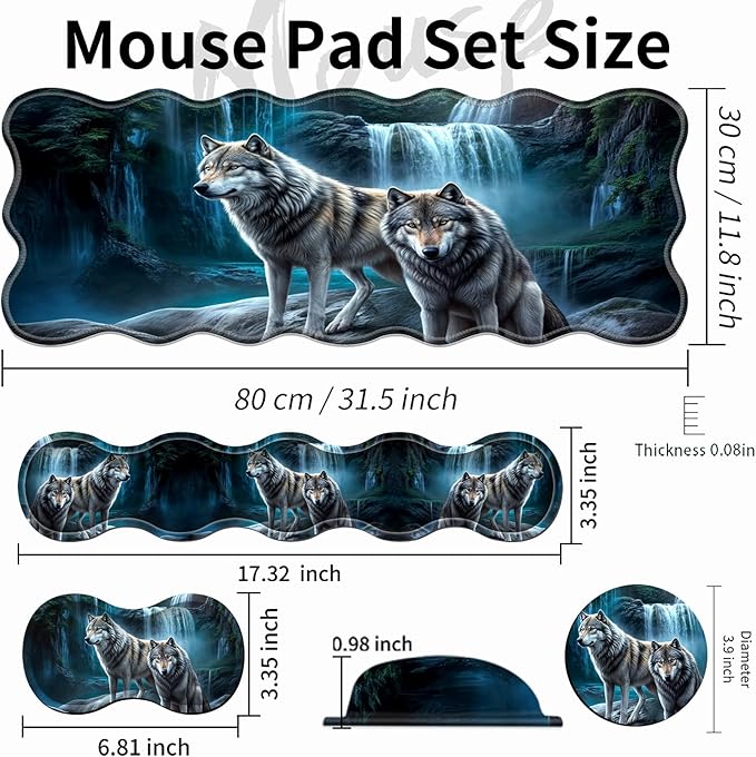 Gaming Mouse Pad Set with Wrist Support, 31.5"x11.8" Large Non-Slip Desk Mat, Ergonomic Keyboard Wrist Rest & Mouse Pad, Memory Foam Cushion Comfort & Precision for Gaming Office, Waterfall Wolf