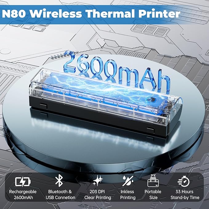 Portable Thermal Printer For Travel - N80 Inkless Bluetooth Printers, Wireless Impresora Portátil with 8.5"x11" US Letter Thermal Paper, Compatible with Phone, iOS, Android, Laptop For Home Office Car