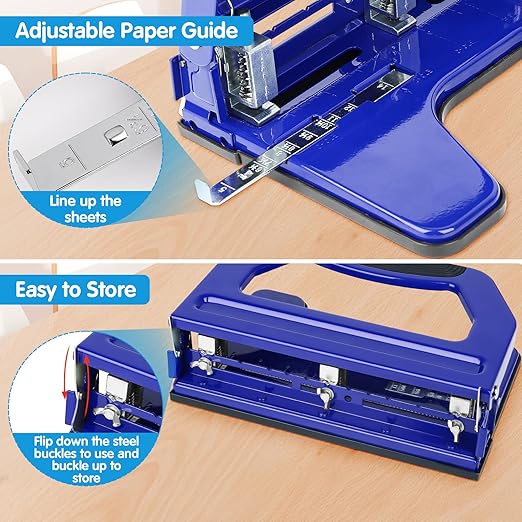 AFMAT HP18 3 Hole Punch, Metal Heavy Duty Paper Punch with 50-Sheet Capacity and Removable Punch Heads for 2 Hole Punch Function, Large Chip Tray, Blue