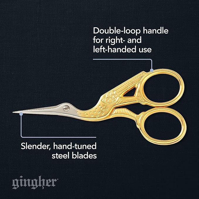 Gingher Stork Embroidery Scissors and Leather Sheath - 3.5" Craft Scissors for Fabric, Thread, and Needlework Yarn Cutting - Gold