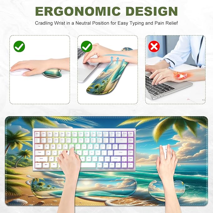 Large Mouse Pad and Keyboard Wrist Rest, Extended Mouse Pad with Wrist Support Ergonomic, Non-Slip Desk Mat, Desk Protector Blotter for Home Office, Sunny Beach
