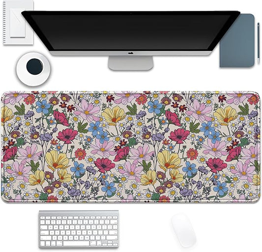 Colorful Flowers Mouse Pad,Large Floral Mousepad Desk Pad with Stitched Edges,Non-Slip Waterproof Rubber Base Mouse Mat for Office Computer Keyboard Laptop Home(27.5x11.8 in)