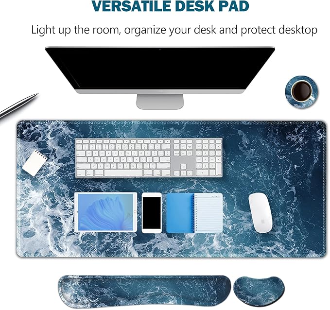 ARTSO Gaming Mouse Pad Extended, Keyboard Wrist Rest Pad & Wrist Support Abstract Mousepad Set, Non-Slip Base, Memory Foam Desk Mat, Ocean Waves
