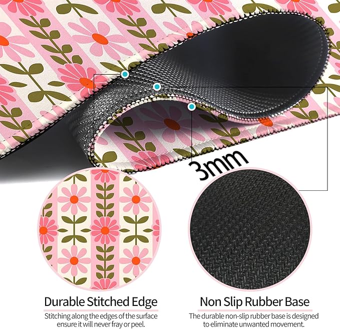 Pretty Pink Flowers Gaming Desk Mat, Computer Keyboard Large Extended Long Floral Mouse Pad for Office and Home, XL (W11)