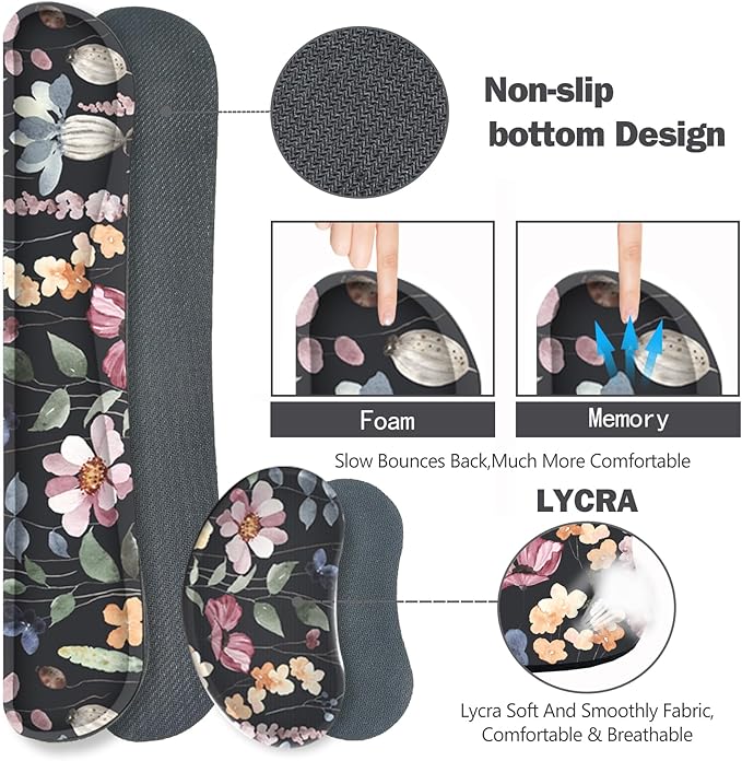 ARTSO Gaming Mouse Pad Wrist Support Set, XXL Large Desk Mat Mousepad + Keyboard Wrist Support+ Mouse Wrist Rest+Coaster 4in1 Ergonomic, Memory Foam, Stitched Edge for Home Office -Flowers Plants