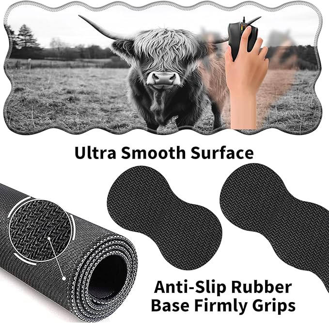 Office Mouse Pad Set with Wrist Support, Large 31.5"x11.8" Desk Mat, Ergonomic Memory Foam Keyboard Wrist Rest, Non-Slip Durable Mouse Pad for Work & Home, Highland Cow