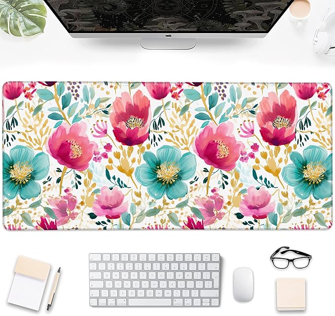 Gaming Mouse Pad, Watercolor Pink and Teal Flowers Floral Large Desk Mat for Keyboard and Mouse,Non-Slip Rubber Base and Stitched Edges Desk Pad for Home Office 35.4x15.7in