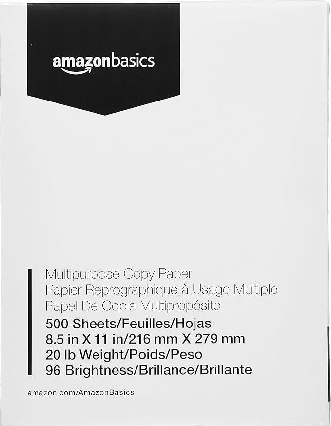 Amazon Basics Multipurpose Copy Printer Paper, 8.5 x 11 Inches, 20 lb, 10 Ream, (5,000 Sheets), 96 Bright, White