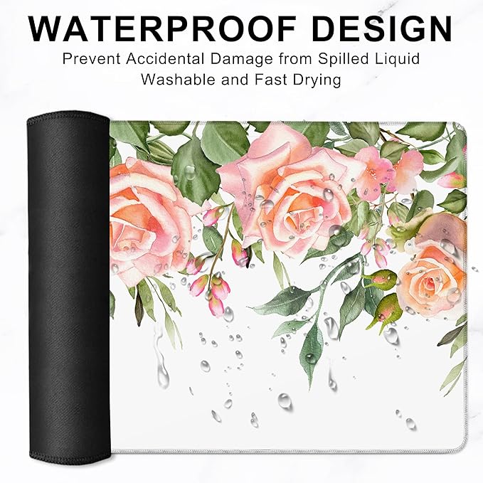 Gaming Mouse Pad, Watercolor Rose Flower Floral Large Desk Mat for Keyboard and Mouse,Non-Slip Rubber Base and Stitched Edges Desk Pad for Home Office 35.4x15.7in