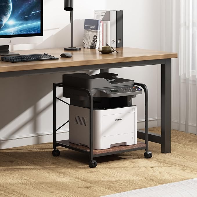 Under Desk Printer Stand, 20 Inches Deep Large Printer Table with Height Adjustable Storage Shelf, 2 Tier Rolling Printer Cart with Wheels for Home Office - Rustic Brown
