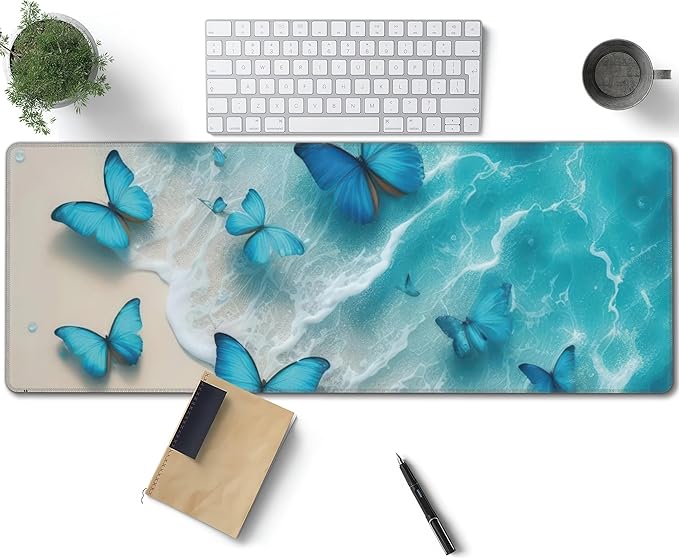 Blue Butterflies Beach Large Mouse Pad, Blue Gaming Desk Mat, XL Keyboard Desk Pad Mat for Desktop, 31.5"x11.8" Non-Slip Base Big Mousepad with Stitched Edges