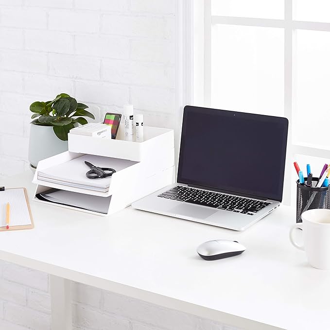 Amazon Basics Rectangular Plastic Desk Organizer Bundle, 3 Pieces Letter Tray/Accessory Tray, White