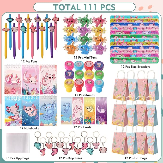 108 Pcs Axolotl Party Gifts Axolotl Stationery Gifts included Mini Toys Spiral Notebooks Ballpoint Pens Slap Bracelets Keychains Stamps Gift Cards and Gifts Bags for Axolotl Birthday Party Supplies