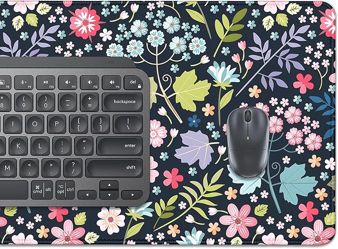 Maple Leaf and Flowers Desk Pad Mouse Pad,Large Floral Mouse Mat with Stitched Edges,Non-Slip Rubber Base Elegant Mousepad for Office PC Keyboard Laptop and Home Work Desk Mat(27.5X11.8 in)