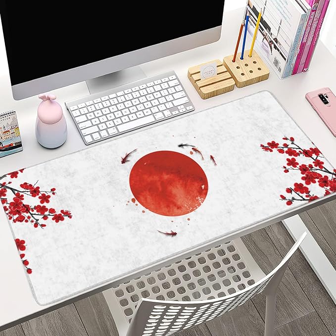 Desk Pad, Cherry Blossom Flowers Koi Carp Fishes and Red Sun Extended Large Gaming Mouse Pad XXL, Large Desk Mat for Desktop with Non-Slip Rubber Base Stitched Edges for Home Office 35.4"X15.7"