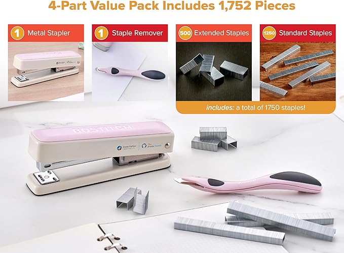 Bostitch Titan Heavy Duty Metal Stapler, 50 Sheet Capacity with 1250 Staples and Ergonomic Staple Remover, Jam Free Stapling, Full Strip Stapler for Desk, Office and Classroom, Pink & White