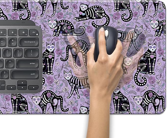 Gothic Cat Skeleton Flowers Mouse Pad,Extended Cat and Floral Mousepad Desk Pad with Stitched Edges,Non-Slip Waterproof Rubber Base Mouse Mat for Office Computer Keyboard Laptop Home(27.5x11.8 in)