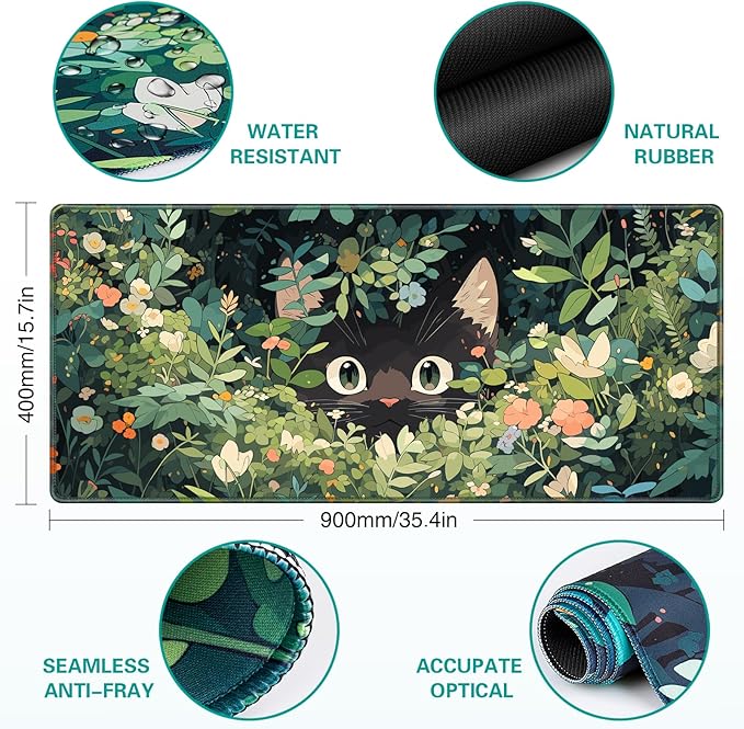 Anime Cat Mouse Pad Green Desk Mat, Kawaii XXL Large Mouse Pad Keyboard with Stitched Edges Non-Slip, 35.4×15.7in Mousepad Mat for Desktop Computer Laptop Office Women Decor Game Funny