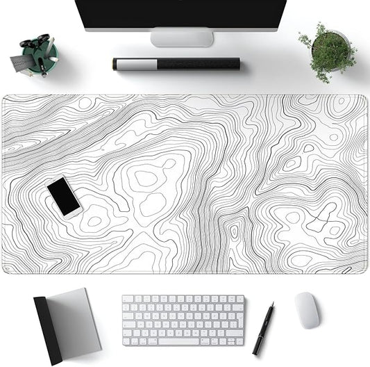 Desk Mat Large Gaming White Mouse Pad Minimalist Topographic Map Desk Mat Extended XL Mousepad 31.5x15.7 in Anti-Slip Desk Pad Keyboard Mousepad Stitched Edges Large Mouse Pad Grey
