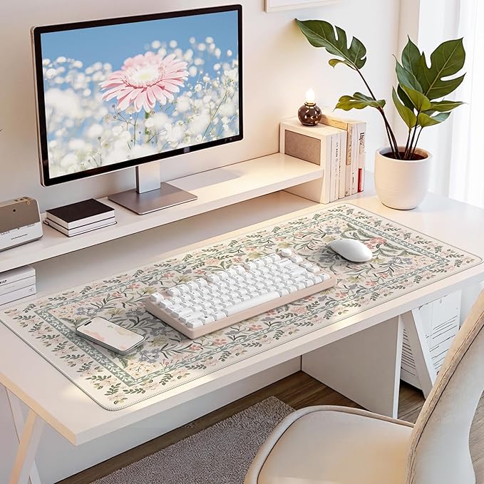 HAOCOO Floral Desk Mat, Large Mouse Pad for Desktop, Big Mouse Pad with Non-Slip Rubber Base, Waterproof Computer Pad with Stitched Edges, Desk Cover Mat for Office (Grey)