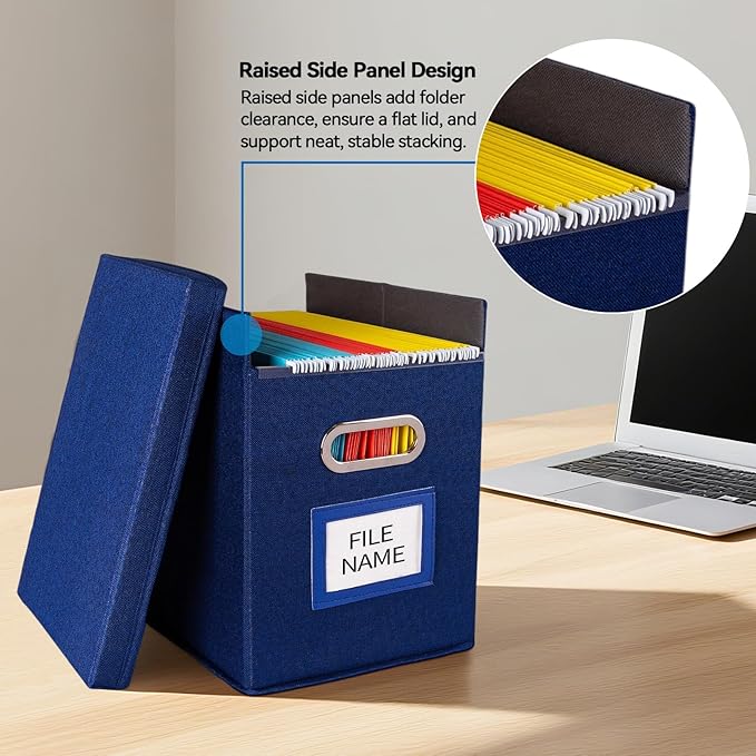 2 Pack Hanging File Folders Organizer with Lid, Letter Size Fabric File Storage Box Collapsible, Portable Office Document Holder with Metal Handle, Smooth PVC Rails, Blue