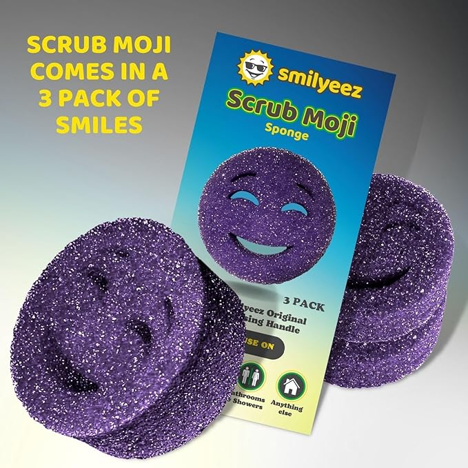 The Original Smiling Handle for Scrub Daddy (Reg. TM) Sponge and Scrub Moji Sponge - (Yellow Handle) & 3 Purple Scrub Moji's