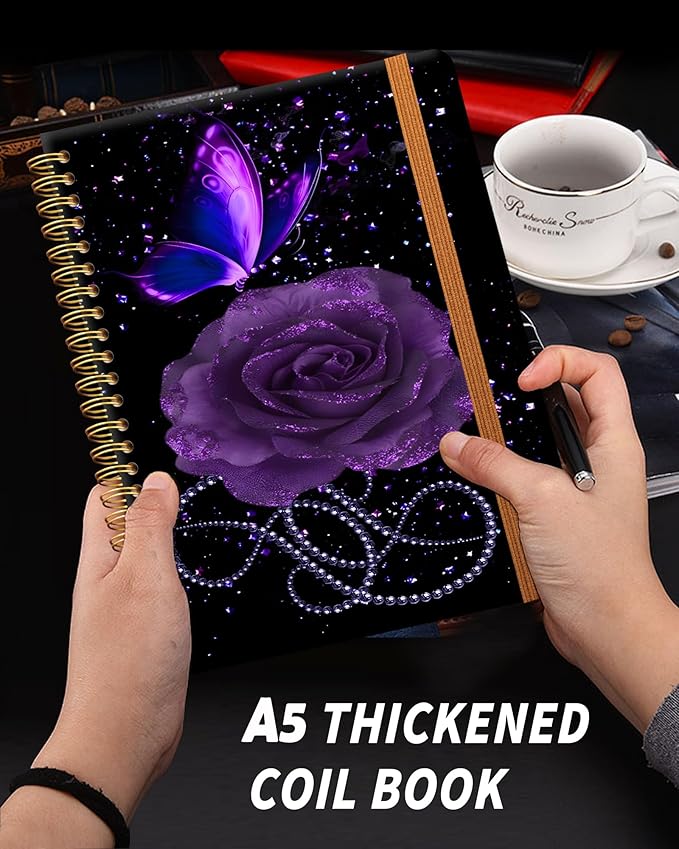 Ruled Spiral Writing Notebook,A5 Hardcover Lined College Journal for Women,Strong Twin-Wire Binding with Premium Paper,8.4" X 6",Perfect for School,Office,Home(Starry Purple Rose Butterfly)