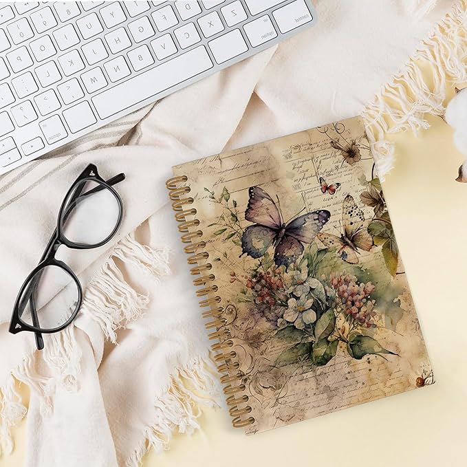 Vintage Butterfly Spiral Notebook, Butterfly Notebook, Butterfly Journal, Butterfly Flower Notebooks for School, Butterfly Floral Office Supplies Gifts for Women Girls Coworkers, 5.5x8.3 Inch