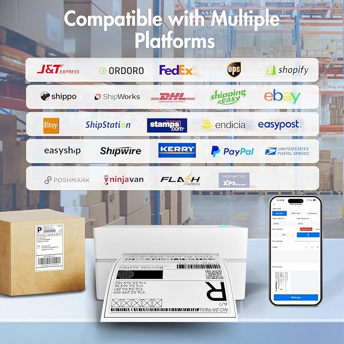 Bluetooth Thermal Shipping Label Printer: 4x6 Wireless Mini Clear Label Maker with Waterproof Tape for Small Business - Widely Used for USPS UPS Ebay Amazon Shopify Etsy, White