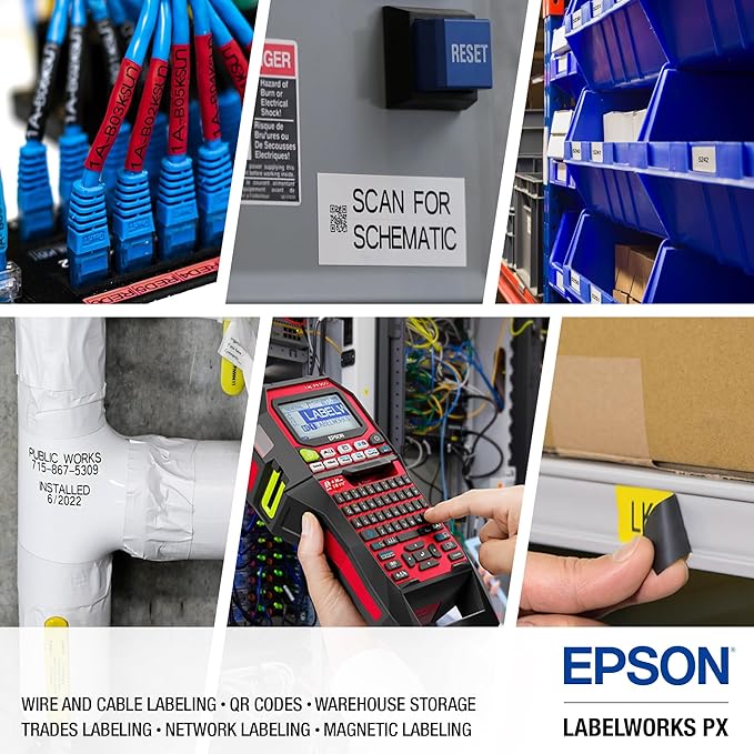 LABELWORKS Epson Asset Management Bundle - LW-PX900PCD Industrial Label Maker Kit, 236SMPX, 224SMPX, and 212SMPX PET (Polyester) Tape Cartridges - Black on Silver Matte Label Maker Tapes