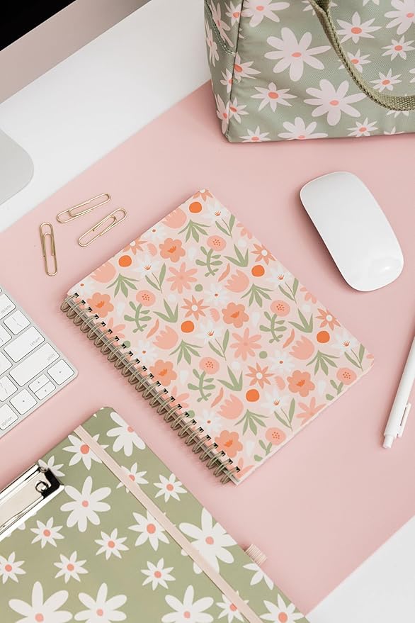 Steel Mill & Co Cute Mini Spiral Notebook, 8.25" x 6.25" Journal with Durable Hardcover and 160 Lined Pages, Star Floral, Blush